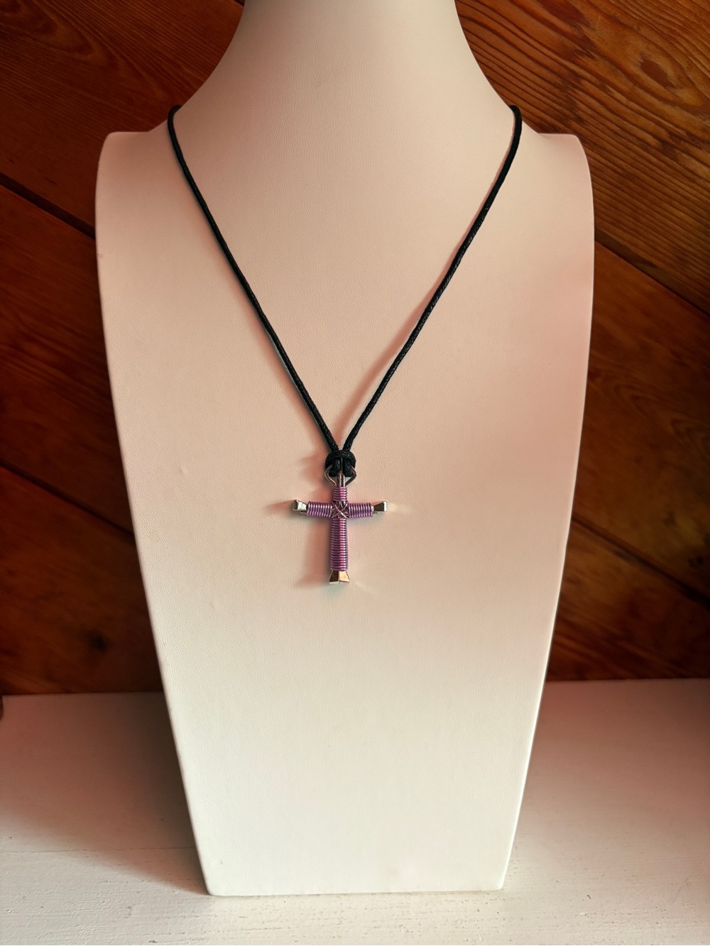 Handcrafted Purple Cross Pendant Necklace on Black Cord